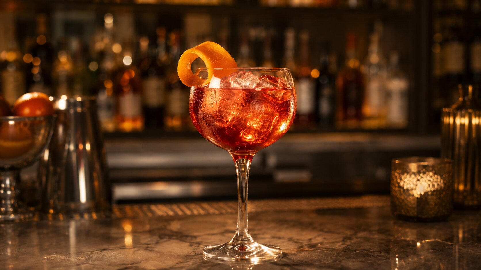 Italský vermouth Martini Fiero jako dárek pro přítele — sklenice s ledem a citrusovou kůrou